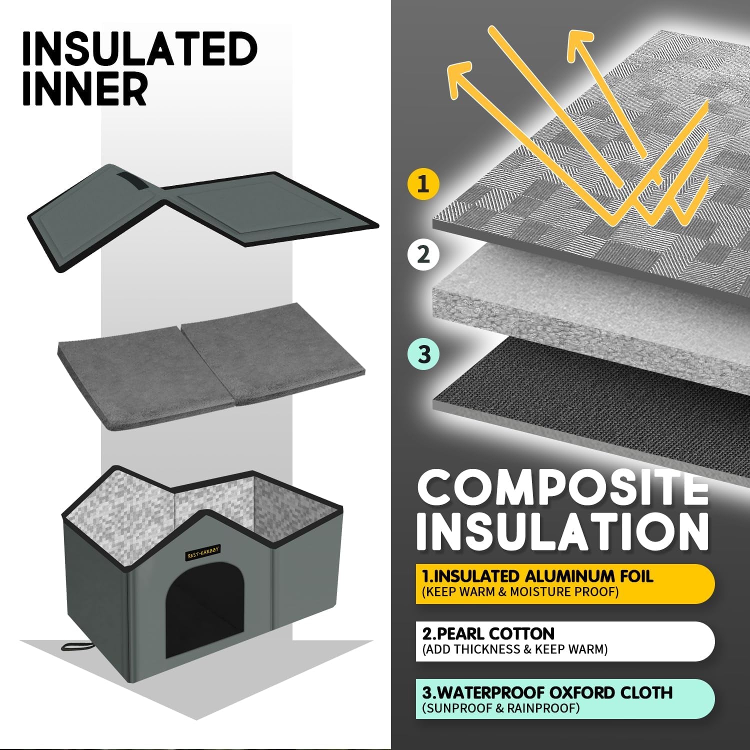 Cat House for Outdoor Cats, Weatherproof and Insulated Feral Cat House with Mat and Clip, Easy to Put Together, Selfwarming Cat Shelter for Winter(Grey, Waterproof House-L)