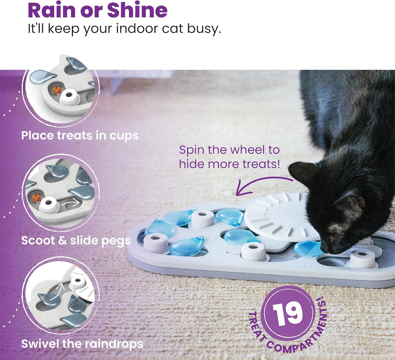 by Nina Ottosson Rainy Day Puzzle & Play – Interactive Treat Puzzle Feeder for Cats, 19 Hidden Treat Compartments Slow Feeder, Durable & Easy-Clean, 15.4 Inches, Gray