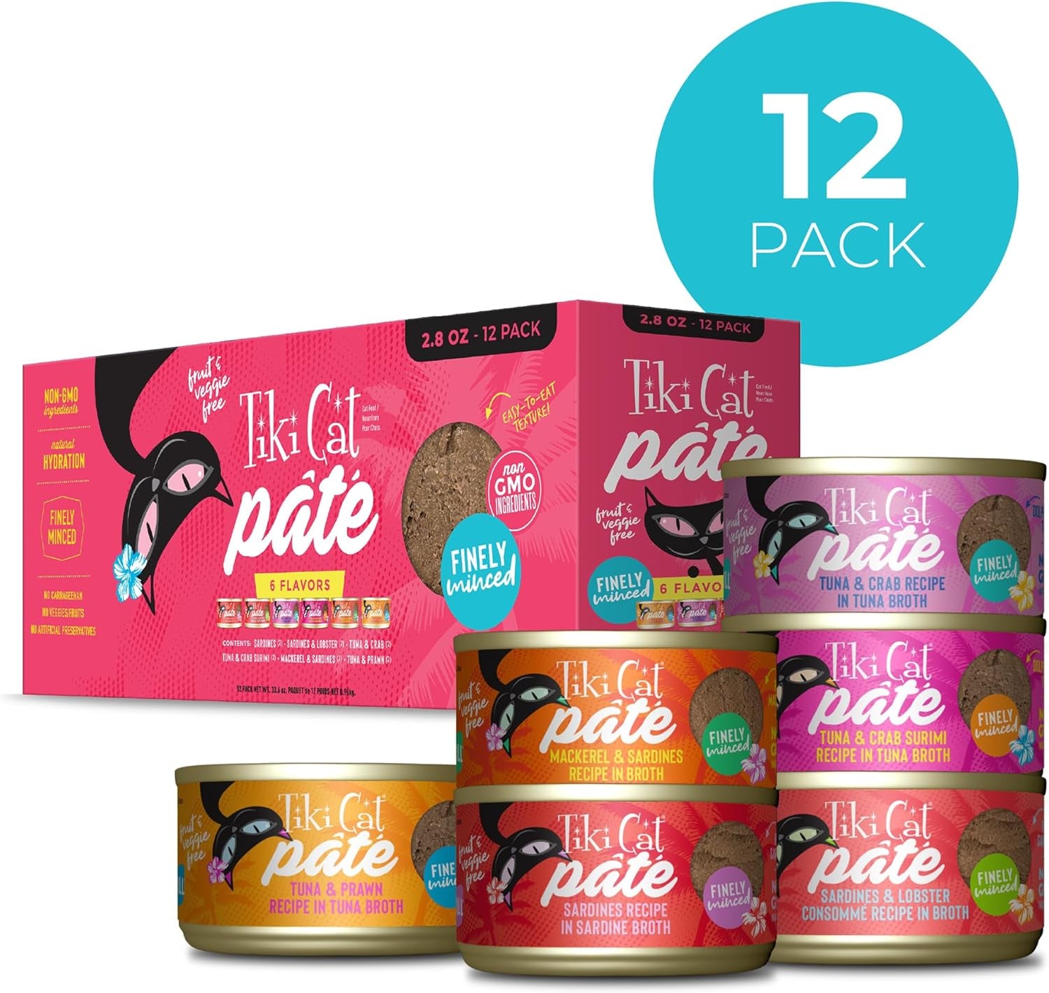 Tiki Cat Grill Pâté Variety Pack, Combinations of Real Flaked Fish, Wet High-Protein & High-Moisture Cat Food, 2.8 Oz. Cans (Pack of 12)