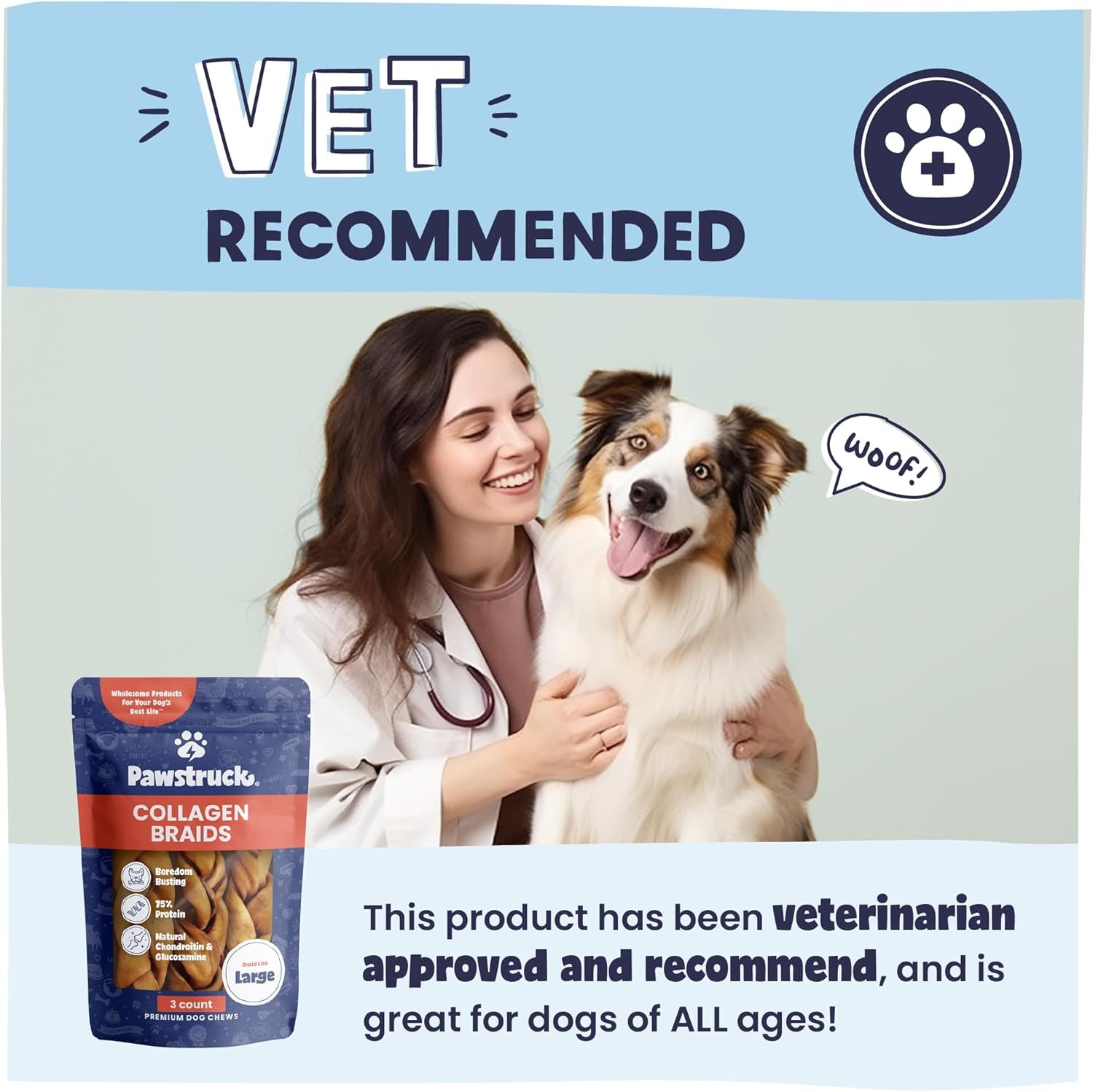 Natural Large 10-13” Beef Collagen Braids for Dogs – Long-Lasting Rawhide & Bully Stick Alternative, with Chondroitin & Glucosamine – 3 Pack