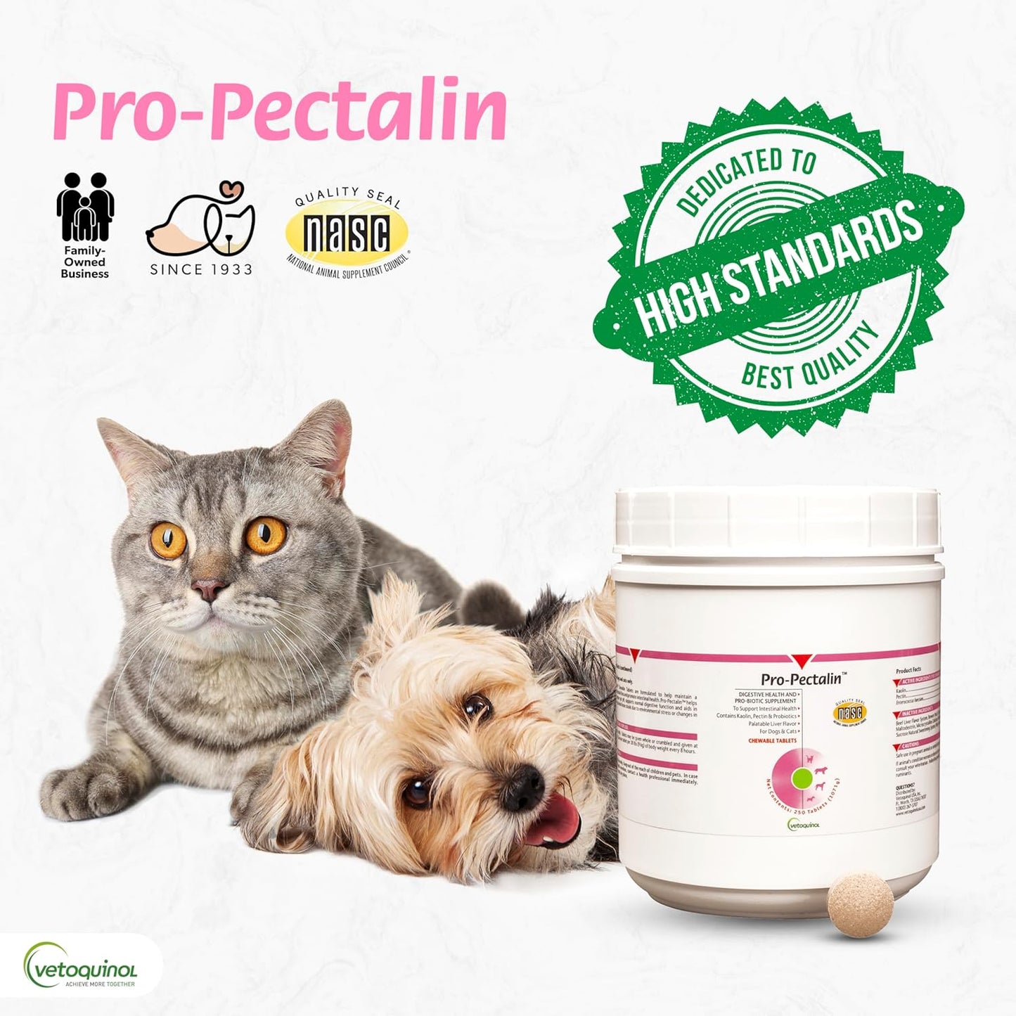 Pro-Pectalin Chewable Tablets for Dogs & Cats, Helps Relieve Occasional Diarrhea, Situational Diarrhea Relief with Kaolin and Pectin, Contains Beneficial Probiotic Bacteria, 250 Ct