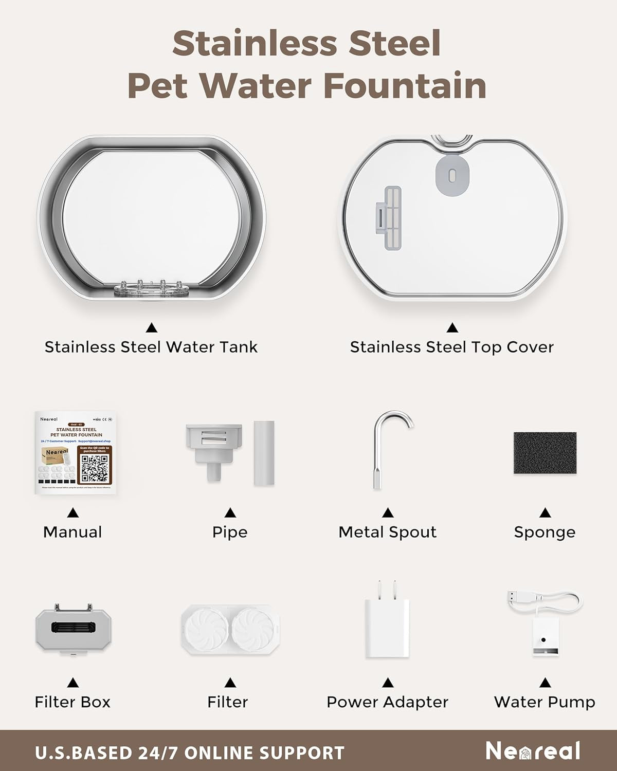 Cat Water Fountain Stainless Steel: 74Oz/2.2L Cat Fountain for Drinking- Pet Water Fountain inside - Automatic Dog Watering Dispenser Bowl - Pet Feeding & Watering Supplies (4 Filters)