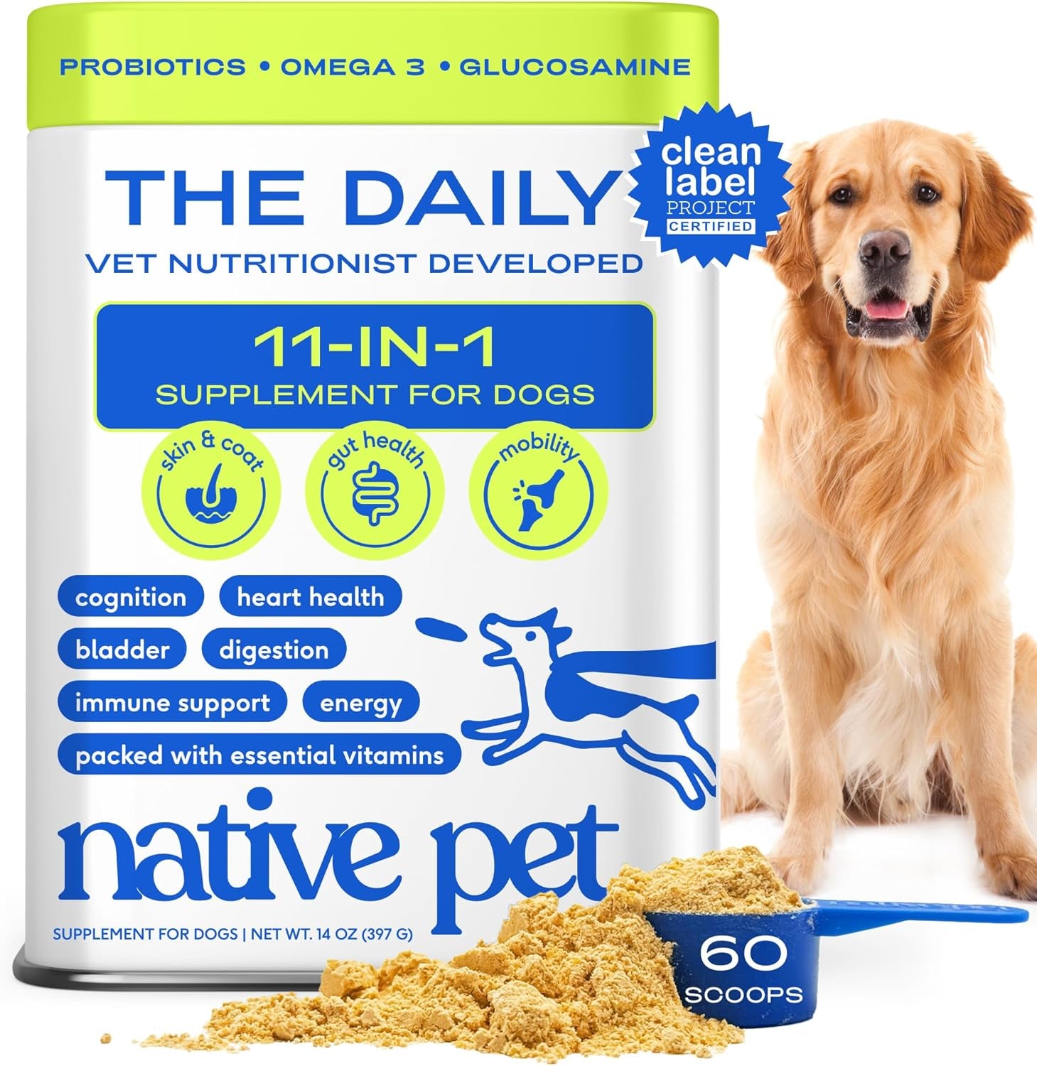Dog Vitamins & Supplements - 11-In-1 Multivitamin Powder for Dogs Food Topper - Collagen, Glucosamine, Probiotics, Omega & More- Supports Healthy Gut, Mobility & Overall Health -60 Scoops