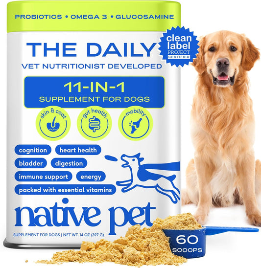 Dog Vitamins & Supplements - 11-In-1 Multivitamin Powder for Dogs Food Topper - Collagen, Glucosamine, Probiotics, Omega & More- Supports Healthy Gut, Mobility & Overall Health -60 Scoops
