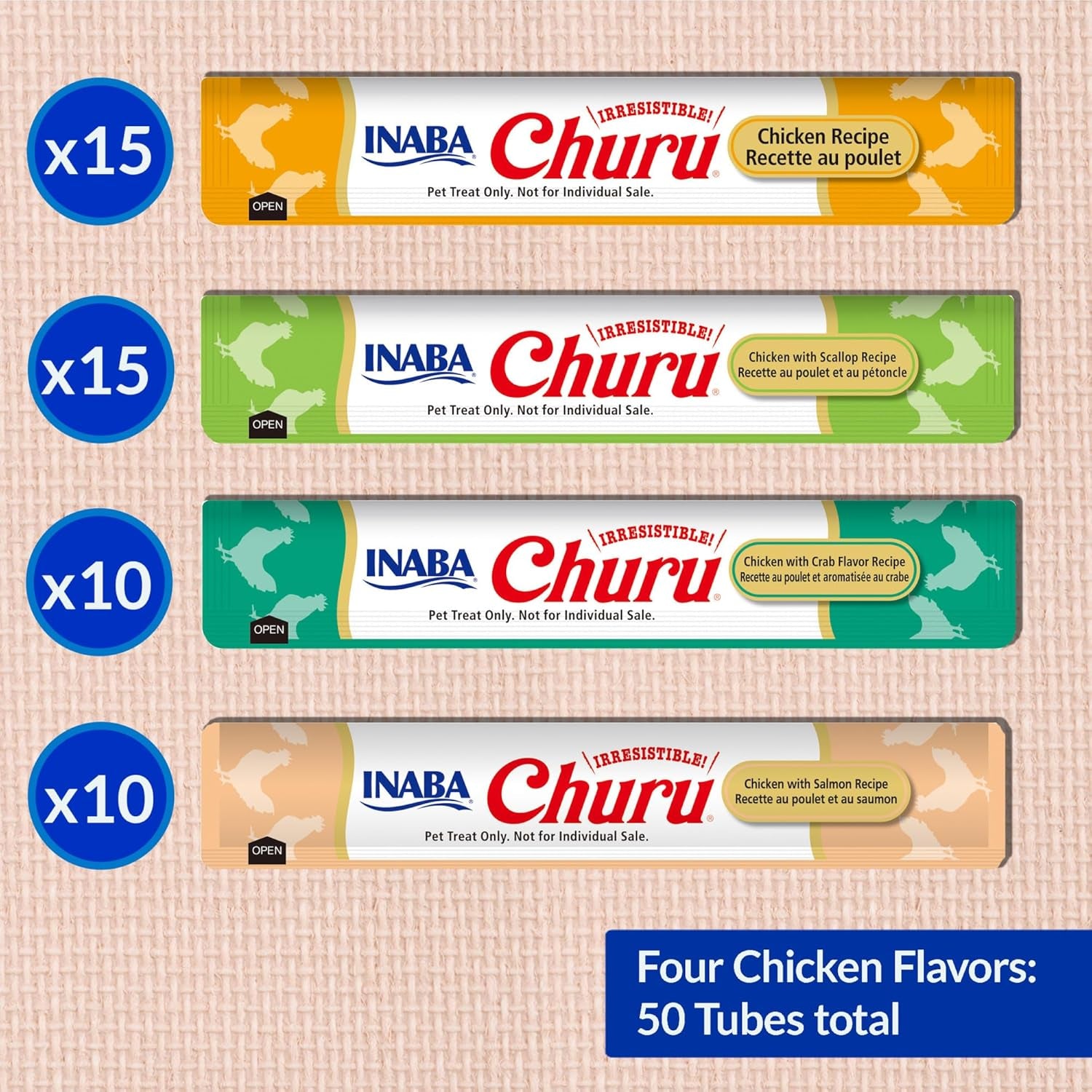 Churu Cat Treats, Grain-Free, Lickable, Squeezable Creamy Purée Cat Treat/Topper with Vitamin E & Taurine, Each 0.5 Ounce (Pack of 50), 50 Tubes, Chicken & Seafood Variety