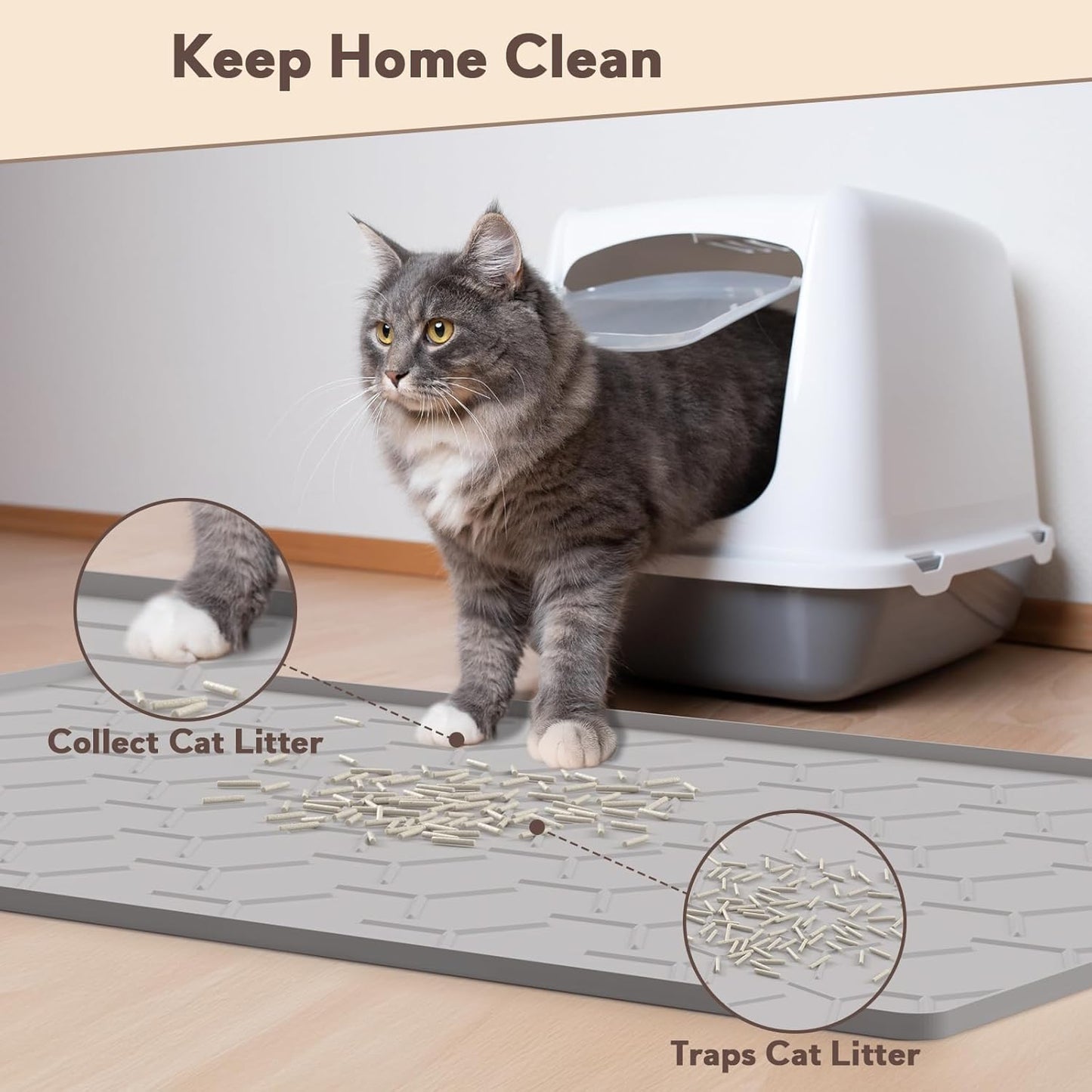 Cat Mat for Litter Box, Large 34" X 22" Cat Litter Mat, Waterproof Silicone Pad for Floor, Gray