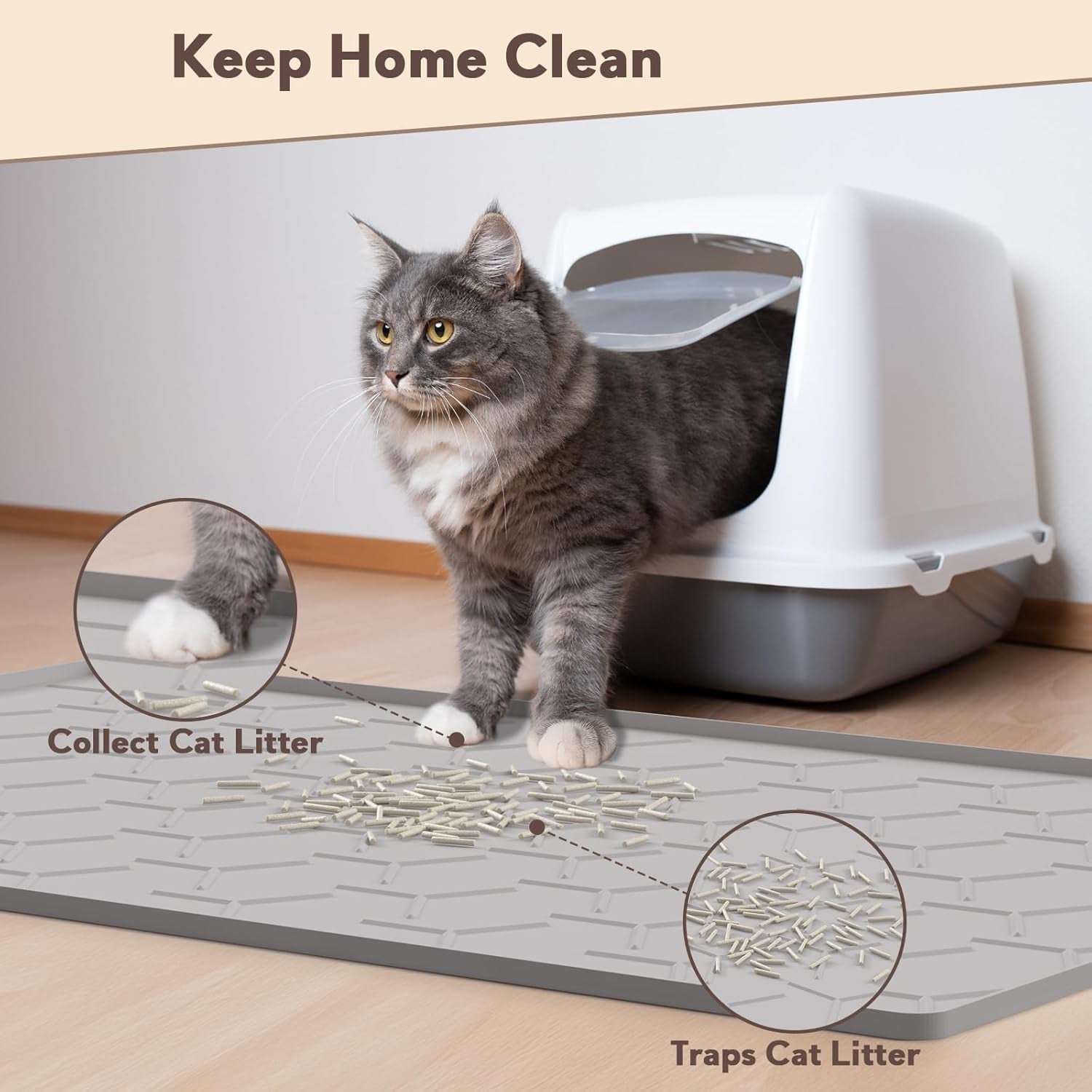 Cat Mat for Litter Box, Large 34" X 22" Cat Litter Mat, Waterproof Silicone Pad for Floor, Gray