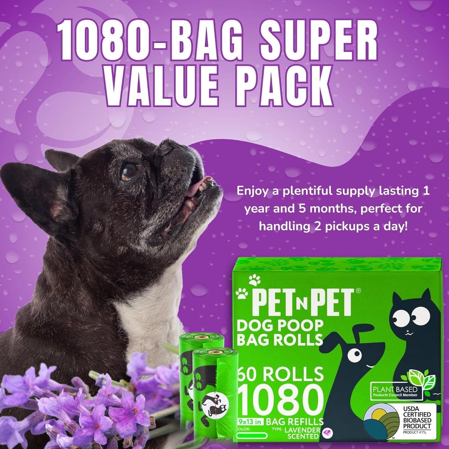 1080 Counts Green Poop Bags for Dogs, 41% Plant Based & 59% PE Extra Thick Dog Poop Bags Rolls, 9" X 13", Lavender Scented Pet Waste Bag
