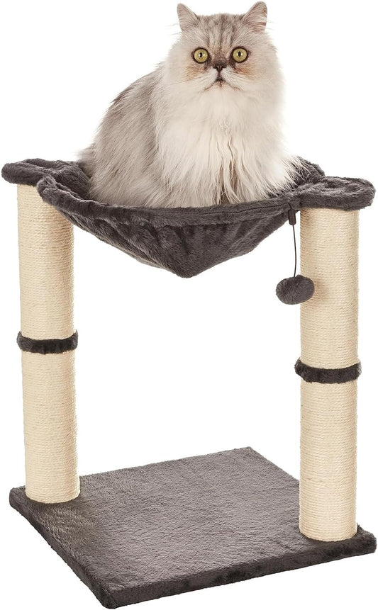 Cat Condo Tower with Hammock Bed and Scratching Post,Easy to Assemble,Plush Hammock,Interactive Hanging Ball, Durable Sisal Scratch Posts for Indoor Cats, 15.8 X 15.8 X 19.7 Inches, Gray