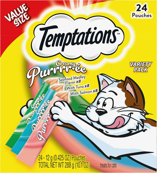 Creamy Puree Mix-Ups Squeezable Lickable Wet Cat Treats, Tuna Flavor, Salmon Flavor, and Seafood Medley Flavor, 0.42 Oz. Tubes, 24 Count