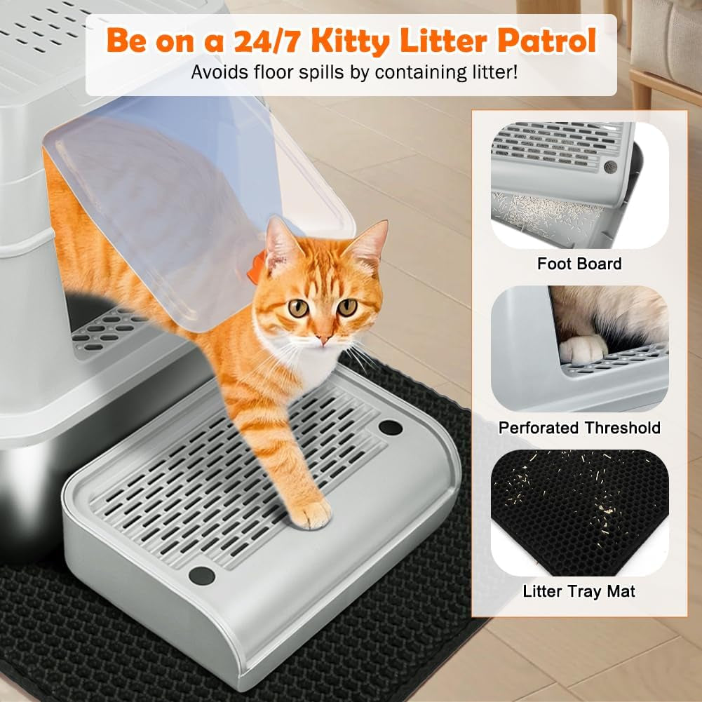 XL Stainless Steel Litter Box, Top Exit Design, Non Stick, No Smell, Easy Cleaning, Activated Charcoal Odor Control Design, Half/Fully Enclosed Design, Footboard, Trapping Mat & Scoop Included