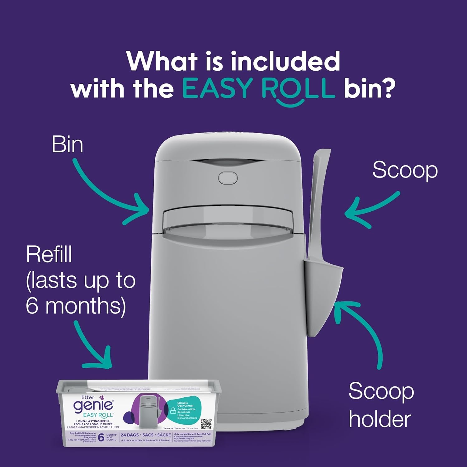 Easy Roll Pail | Cat Litter Box Waste Disposal System for Odor Control | Includes 1 Continuous Refill Bag