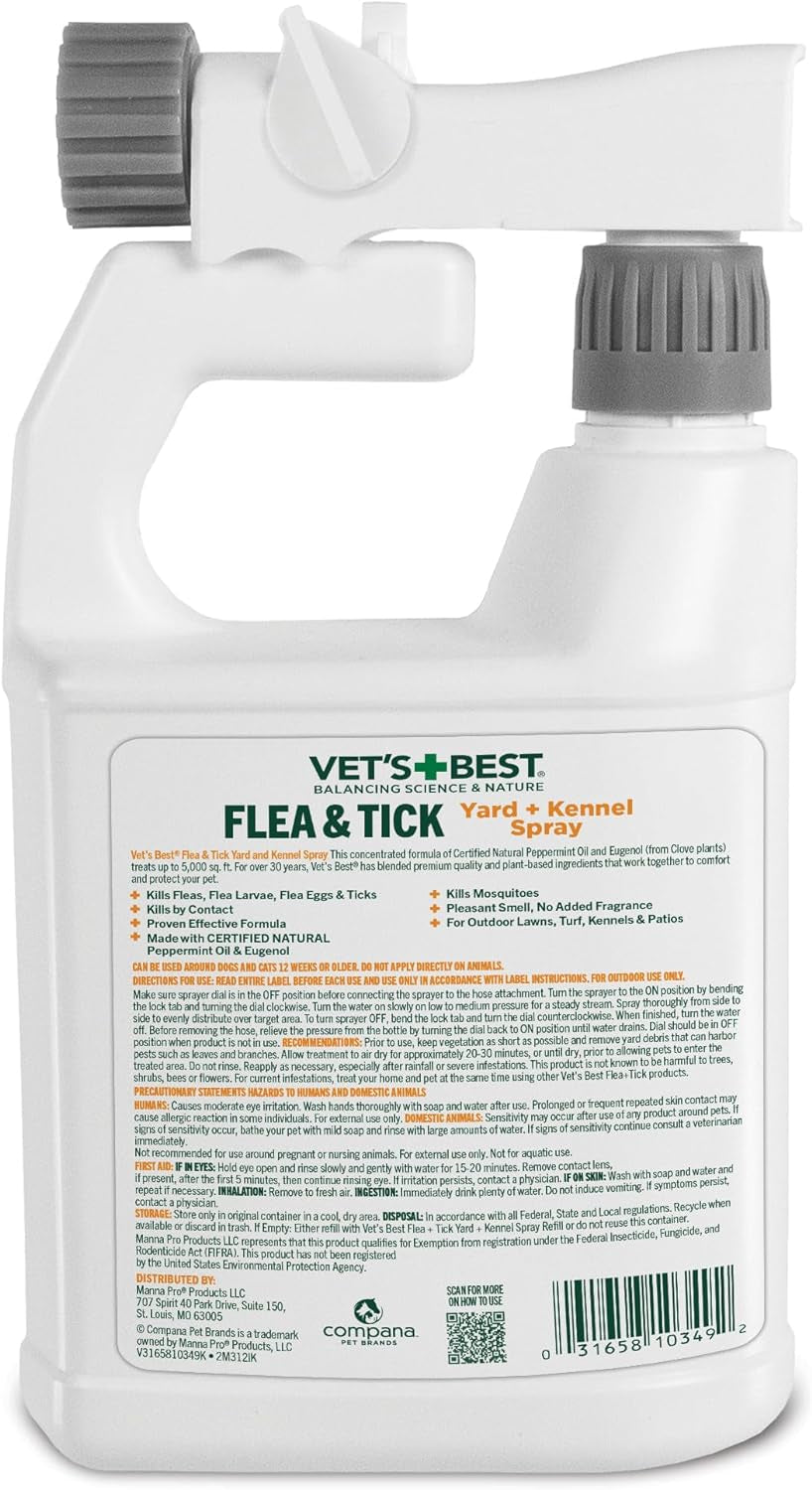 Natural Flea and Tick Yard and Dog Kennel Spray, Plant Safe Tick Spray for Yard with Ready-To-Use Hose Attachment, Mosquito Repellent with Natural Oils, Flea Prevention for Dogs, 32 Ounce