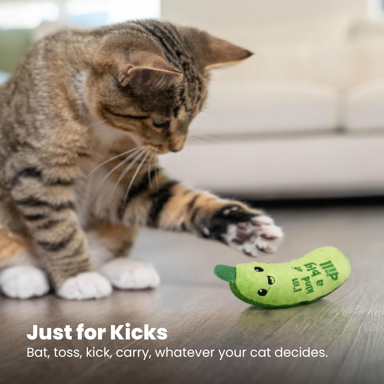 Crunchy Pickle Kicker Toy with Catnip and Dental Mesh, Pickle Shape, Plush and Crinkle Cat Toy for Kicking, Tossing, and Teeth Cleaning, Green