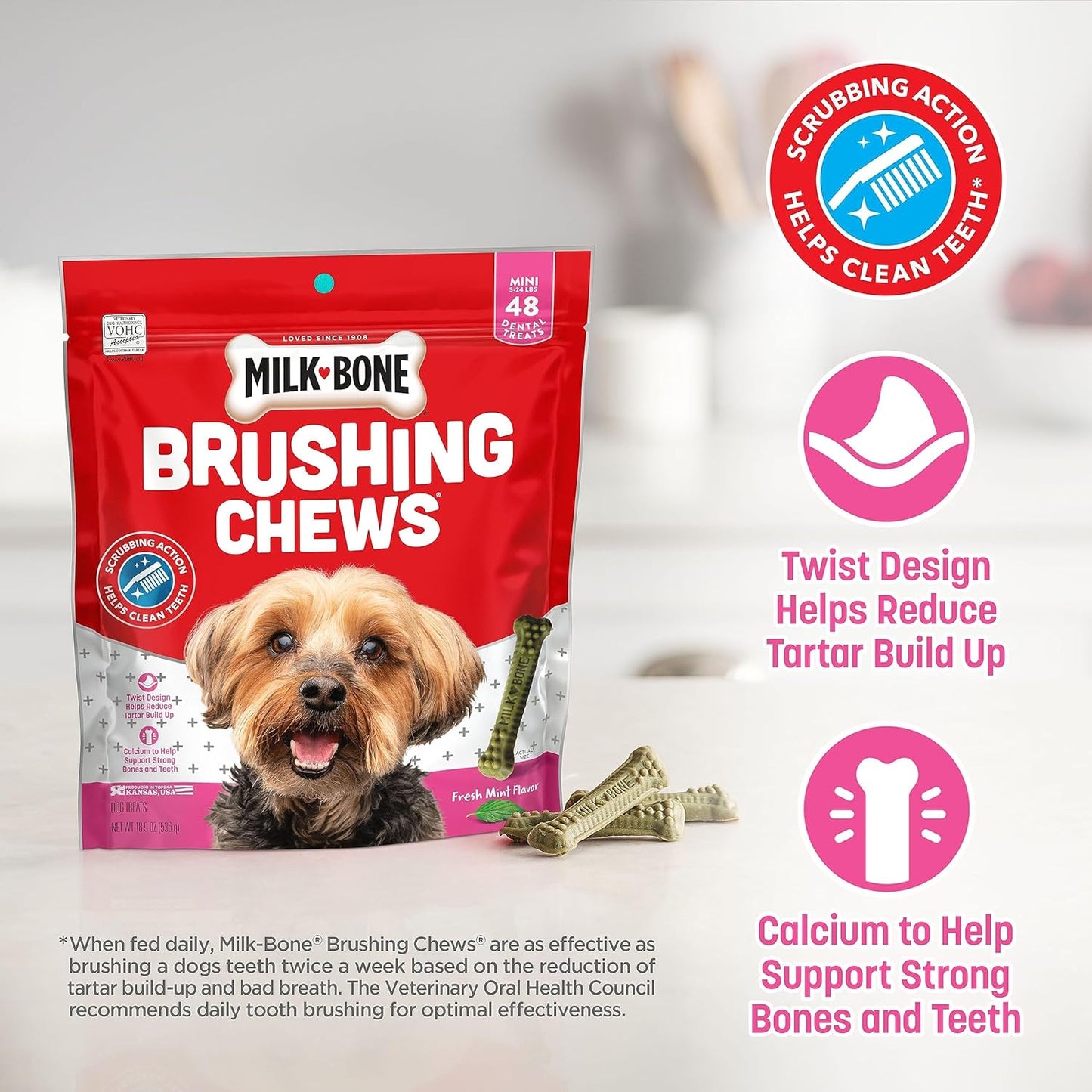 Fresh Breath Brushing Chews, 48 Mini Daily Dental Dog Treats Scrubbing Action Helps Clean Teeth