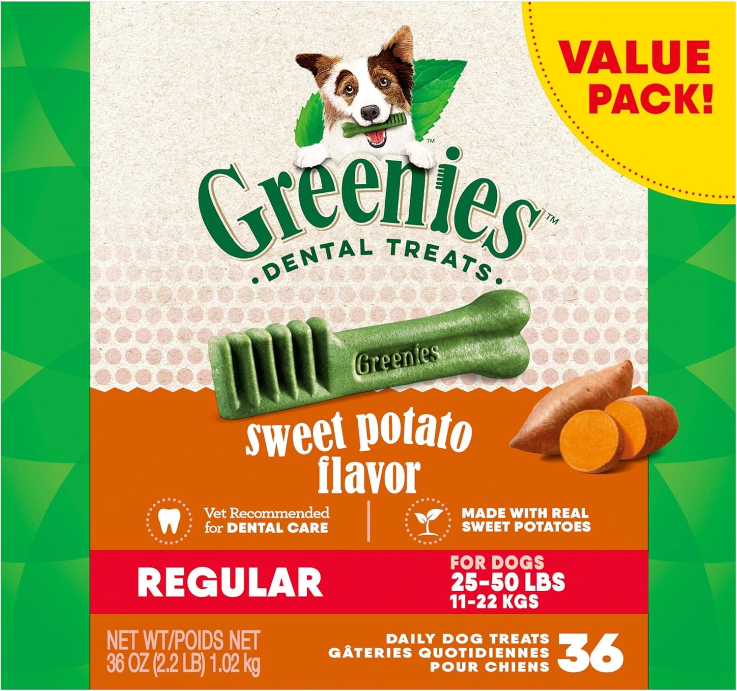 Regular Dental Dog Treats, Sweet Potato Flavor, 36 Oz. Pack (36 Treats)