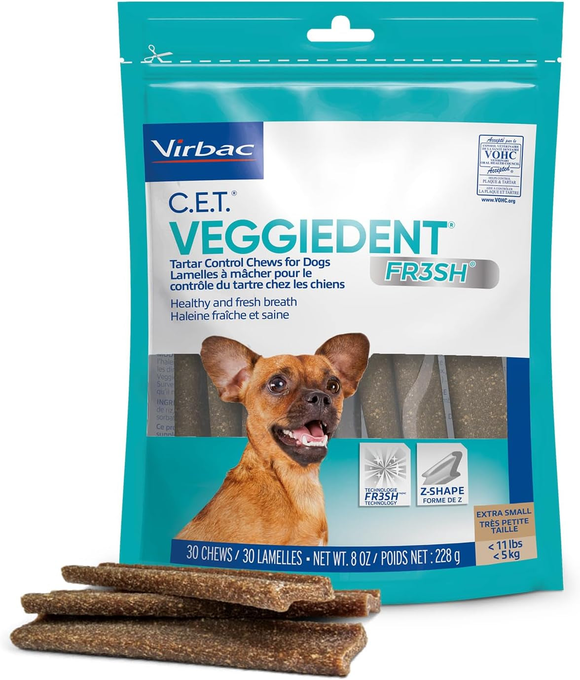 C.E.T. VEGGIEDENT FR3SH Tartar Control Chews for Dogs, Extra Small, 8 Oz (Pack of 1)