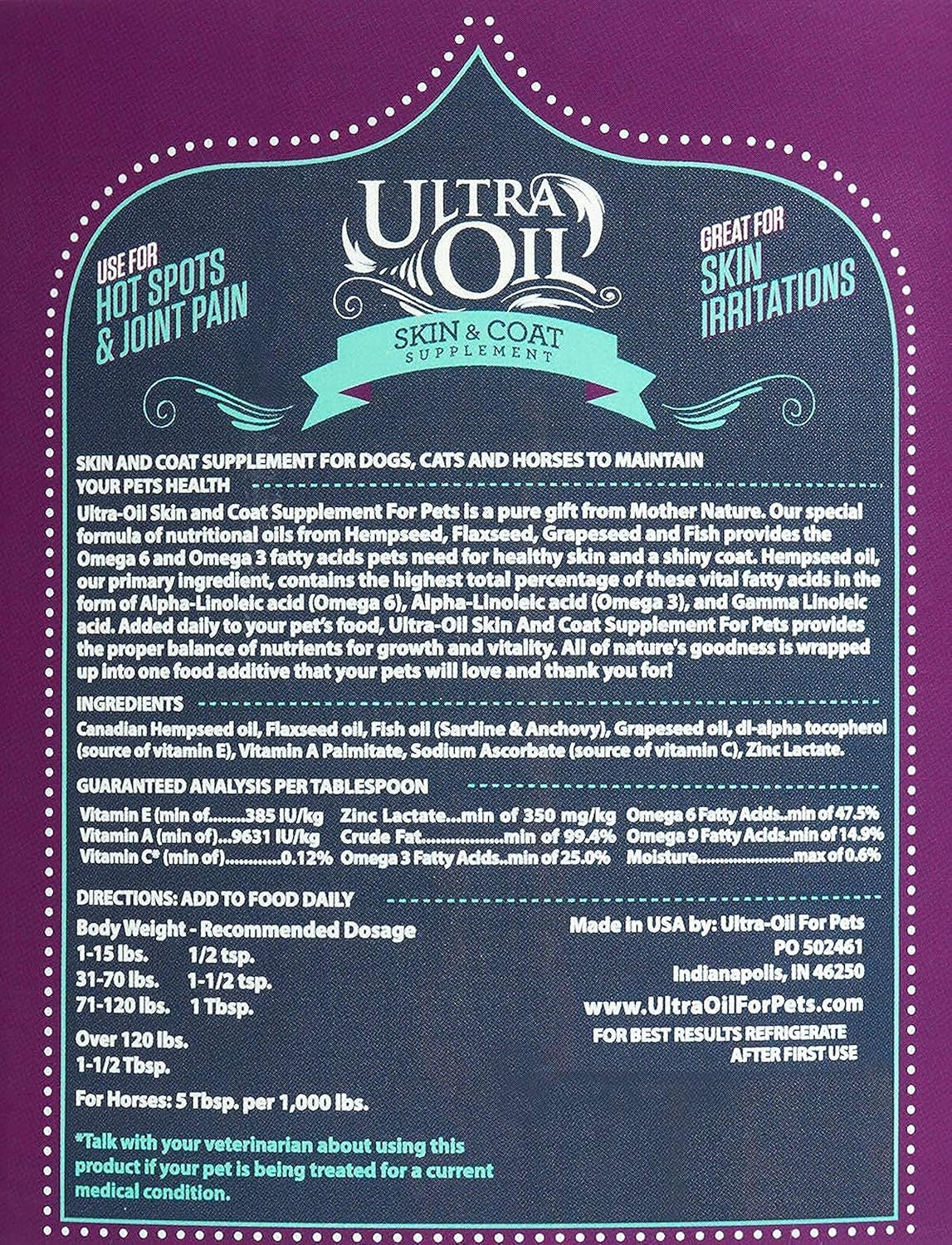 Ultra Oil Dog & Cat Supplement with Hemp, Flaxseed & Fish Oils - 32Oz - for Dry Skin, Dull Coat, Hot Spots, Dandruff, Allergies