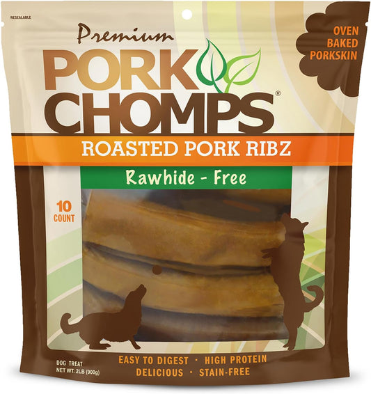 Roasted Pork Skin Dog Chews, 6-Inch Rib Shapes, 10 Count