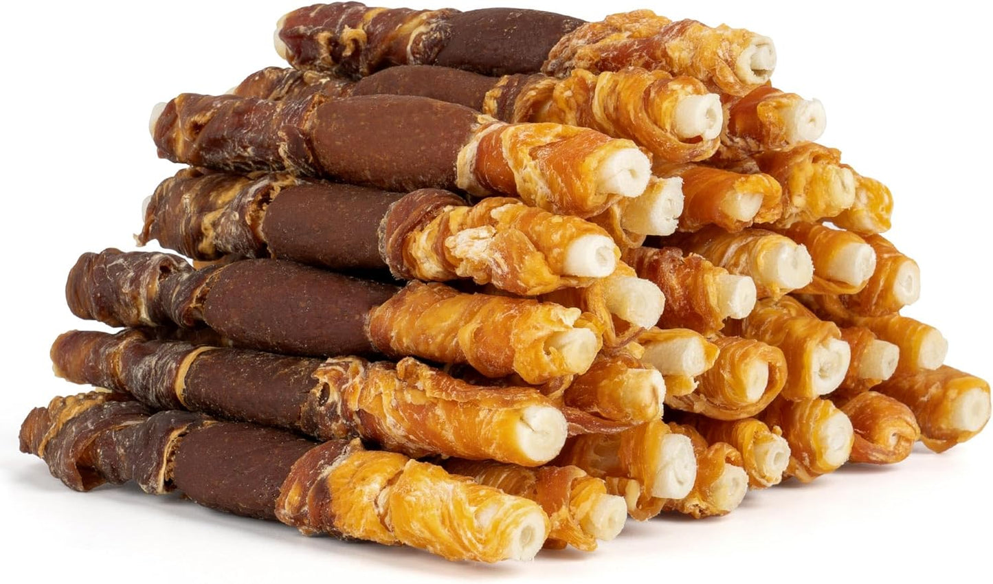 Dog Treats, Triple Flavor 5 Inch Chicken Liver Duck and Chicken Wrapped Rawhide Snacks for Small and Medium Dogs, 21.16 Oz (30 Count-Pack of 1)