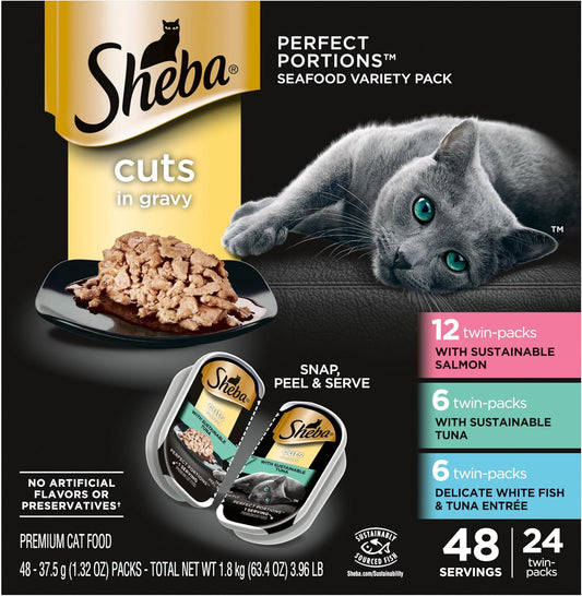 Perfect Portions Wet Cat Food Cuts in Gravy Variety Pack, with Sustainable Salmon, with Sustainable Tuna, and Delicate Whitefish & Tuna Entree, 2.6 Oz. Twin-Pack Trays (24 Count, 48 Servings)