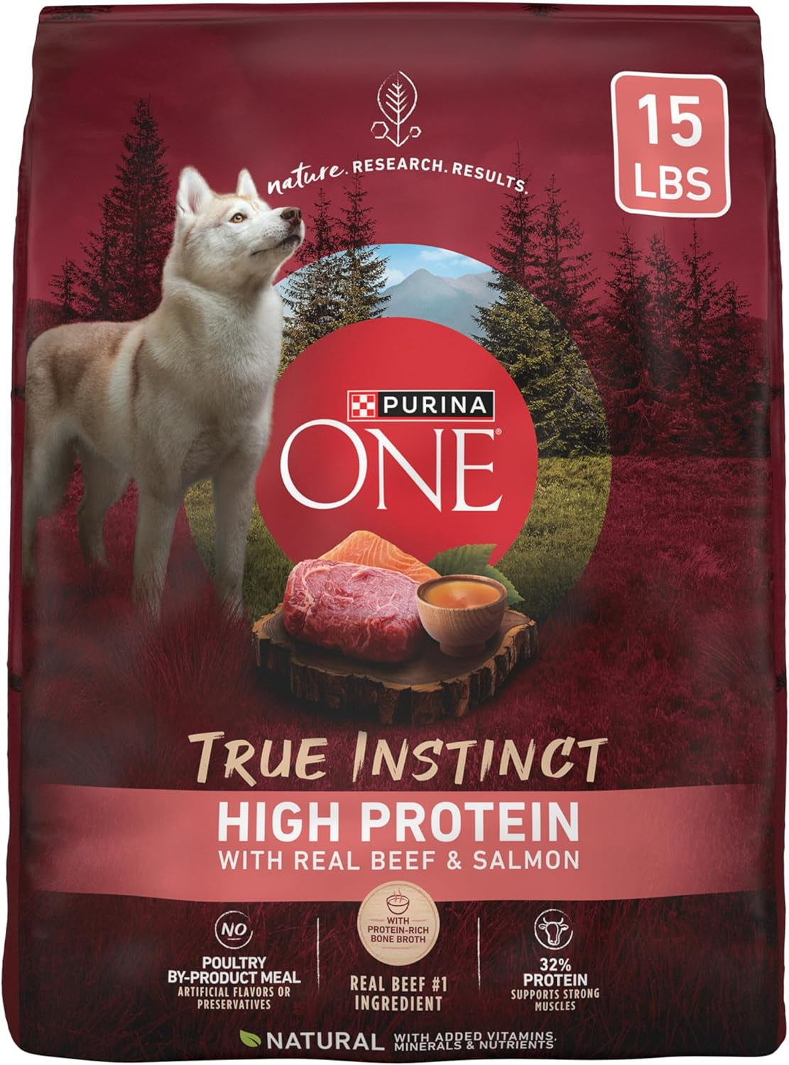 Natural High Protein Dry Dog Food Dry True Instinct with Real Beef and Salmon with Bone Broth and Added Vitamins, Minerals and Nutrients - 15 Lb. Bag