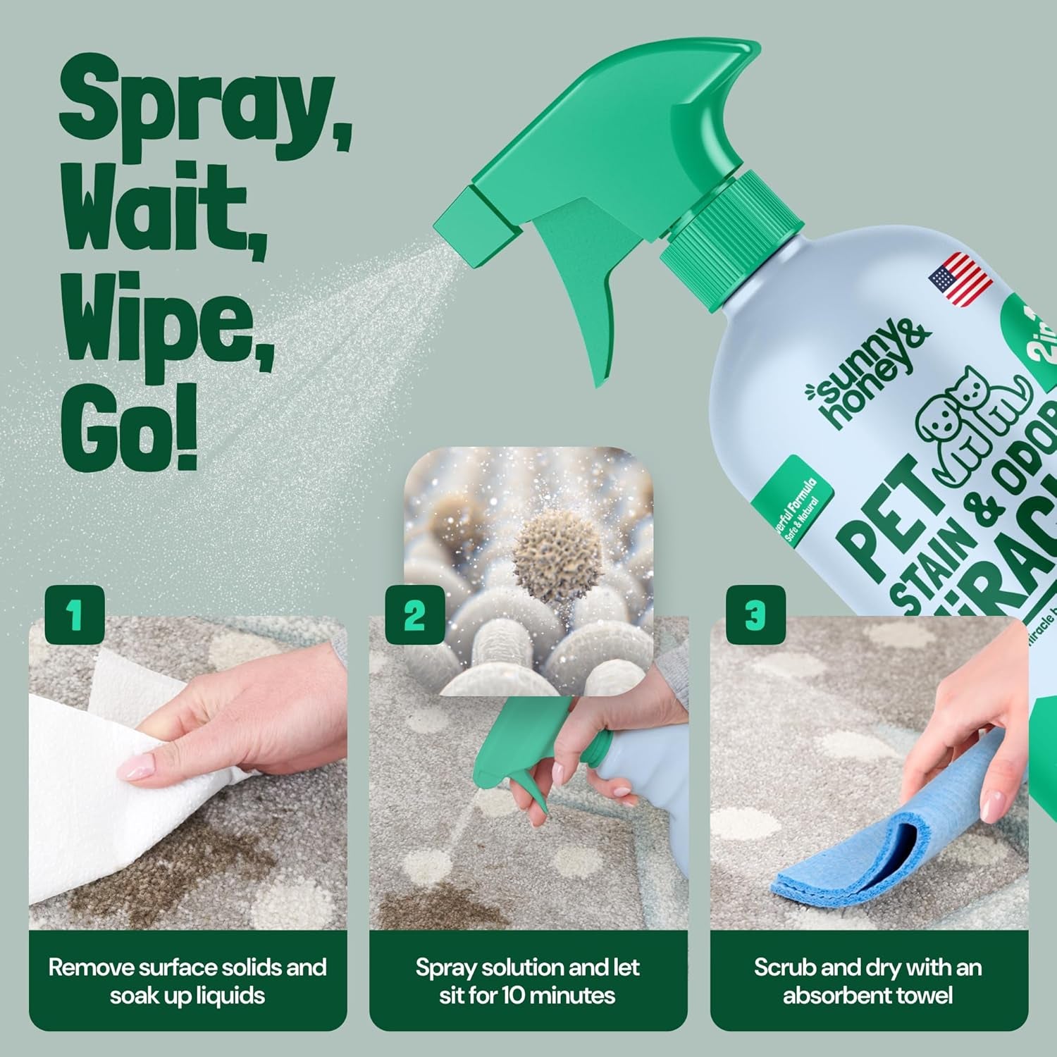 Pet Stain & Odor Miracle - Enzyme Cleaner for Dog Urine & Cat Pee - Pet Odor & Stain Remover Spray for Carpet, Mattress, Furniture - Carpet Cleaner (32 Fl Oz, Spring Mint Scent)