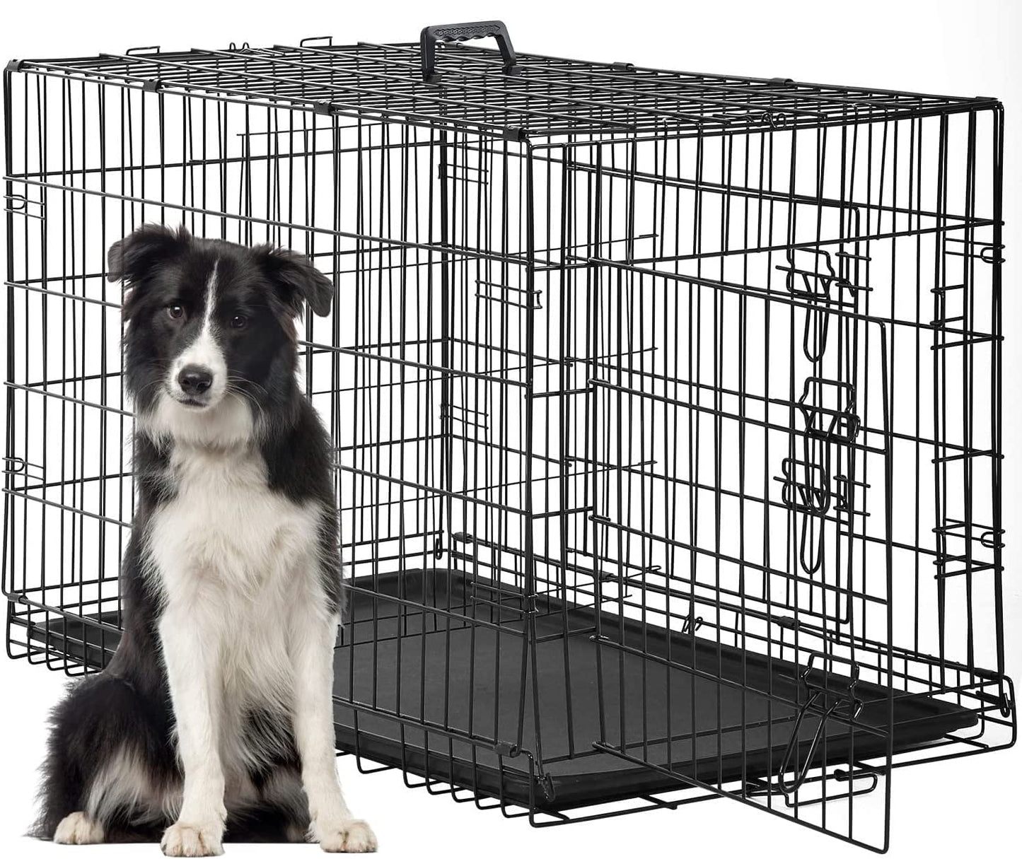 Dog Crate for Large Dogs 48 Inch Folding Metal Wirepet Cage Double Door W/Divider Panel Indoor Outdoor Kennel Leak-Proof Plastic Tray,Black