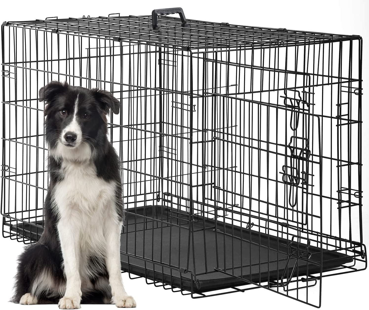 Dog Crate for Large Dogs 48 Inch Folding Metal Wirepet Cage Double Door W/Divider Panel Indoor Outdoor Kennel Leak-Proof Plastic Tray,Black
