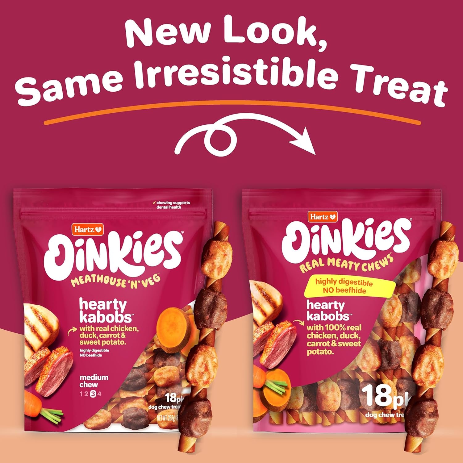 Oinkies Hearty Kabob Dog Treats with 100% Real Chicken, Duck, Sweet Potato & Carrot, Rawhide-Free, Natural Dog Treats, Highly Digestible Long Lasting Chews, 18 Count