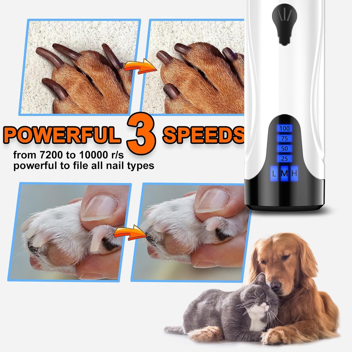Dog Nail Grinder, Dog Nail Trimmers and Clippers Kit, Super Quiet Electric Pet Nail Grinder, Rechargeable, for Small Large Dogs & Cats Toenail & Claw Grooming,3 Speeds