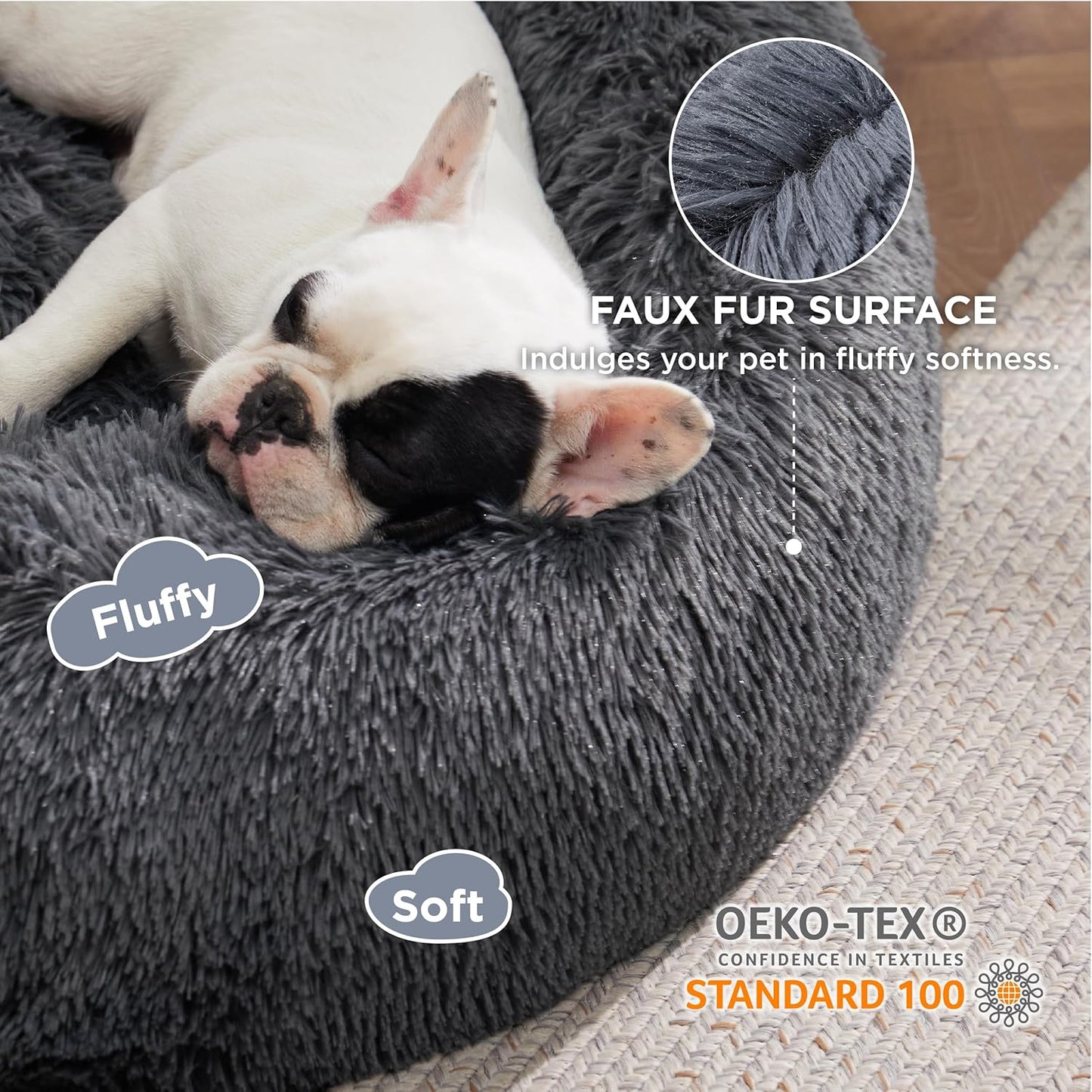 Calming Dog Bed for Medium Dogs - Donut Washable Medium Pet Bed, 30 Inches Anti-Slip round Fluffy Plush Faux Fur Cat Bed, Fits up to 45 Lbs Pets, Dark Grey