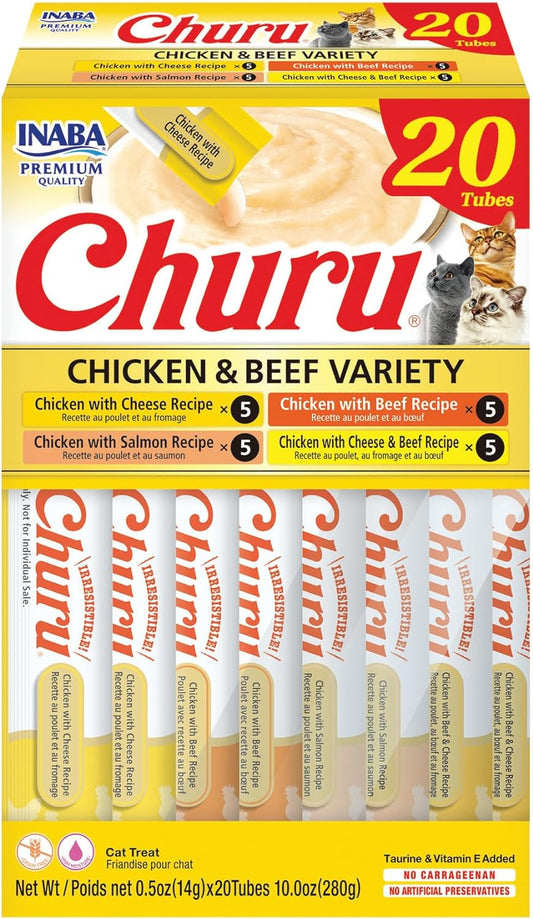Churu Cat Treats, Grain-Free, Lickable, Squeezable Creamy Purée Cat Treat/Topper with Vitamin E & Taurine, 0.5 Ounces Each Tube, 20 Tubes, Chicken & Beef Variety Box