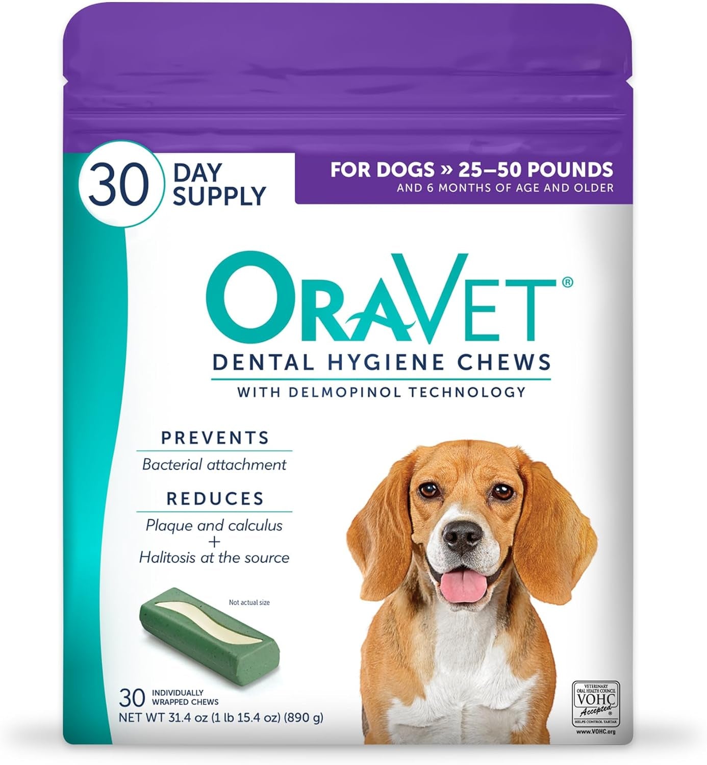 Dental Chews for Dogs, Oral Care and Hygiene Chews (Medium Dogs, 25-50 Lbs.) Purple Pouch, 30 Count
