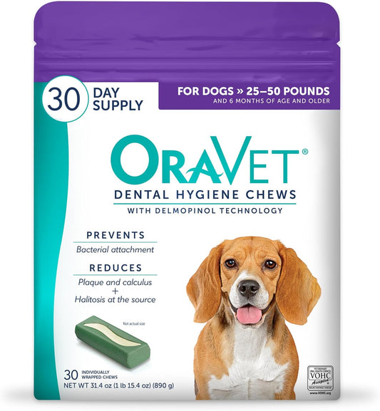Dental Chews for Dogs, Oral Care and Hygiene Chews (Medium Dogs, 25-50 Lbs.) Purple Pouch, 30 Count