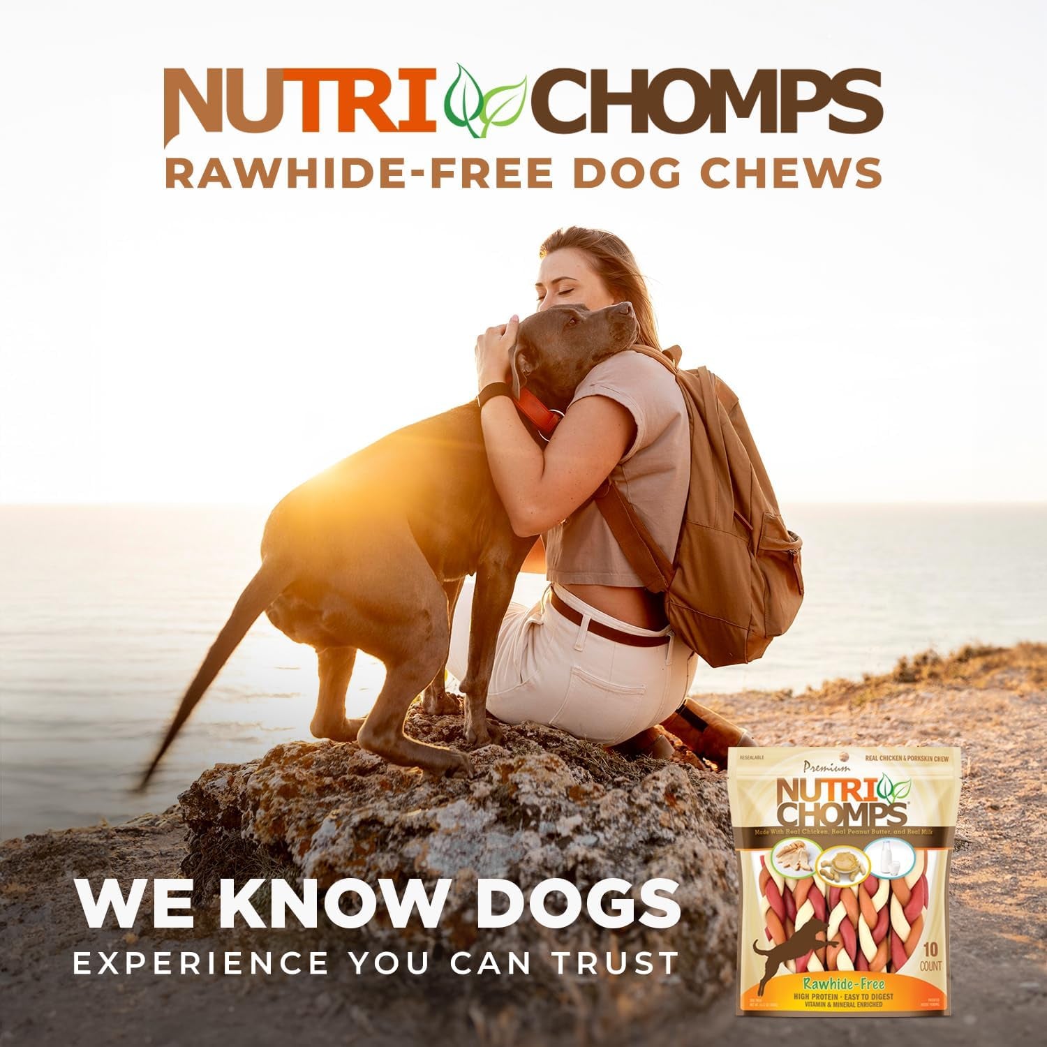 Nutrichomps Dog Chews, 6-Inch Braids, Easy to Digest, Rawhide-Free Dog Treats, Healthy, 10 Count, Real Chicken, Peanut Butter and Milk Flavors