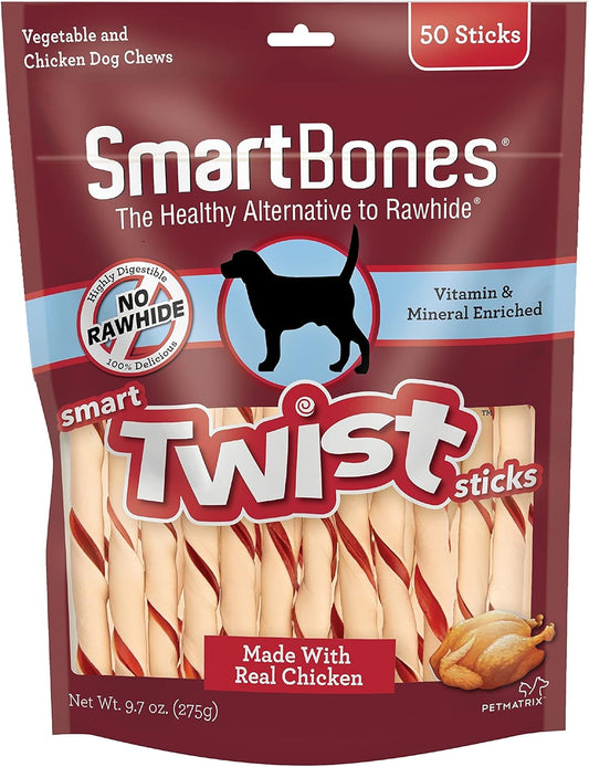 Smart Twist Sticks, Rawhide Free Dog Chew Sticks, Made with Real Chicken, 50 Sticks , 9.7 Ounce (Pack of 1)