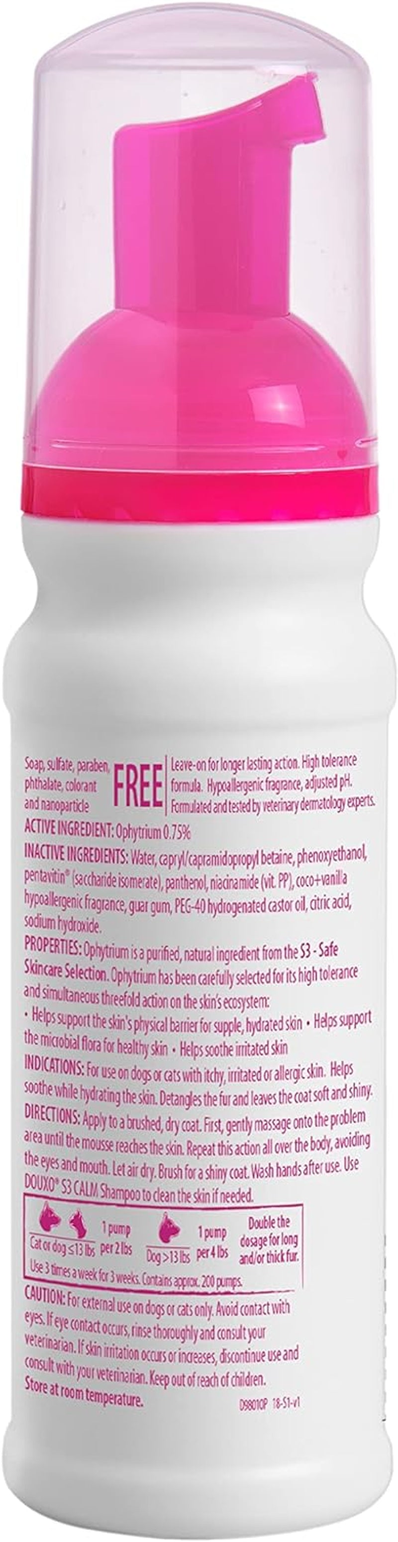 S3 Calm Mousse, Contains 0.75% Ophytrium, Soothing, for Itchy, Irritated or Allergic Skin, for Dogs and Cats, 5.1 Fl. Oz. (150Ml)