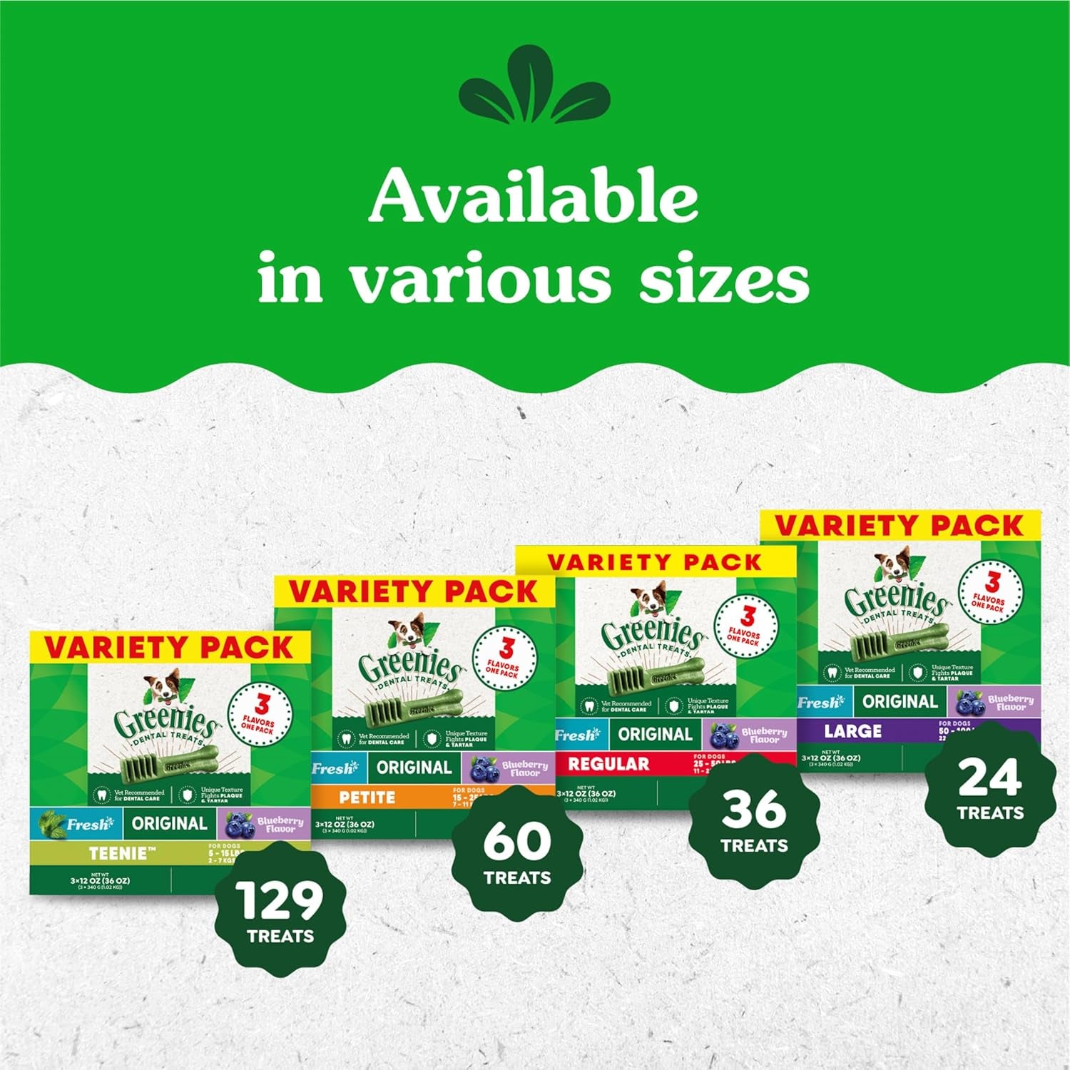 Petite Dental Dog Treats, 3-Flavor Variety Pack, (3) 12 Oz. Pouches, 60 Total Treats