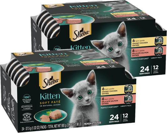 Perfect Portions Kitten Wet Cat Food Pate Chicken Entree and Salmon Entree, 2.6 Oz. Twin-Pack Trays (12 Count, 24 Servings) (Pack of 2)