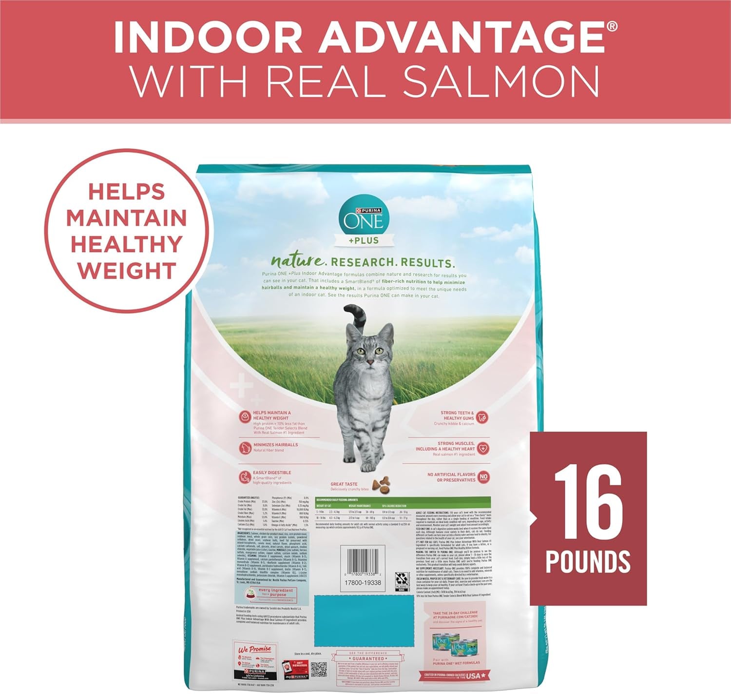 Natural Low Fat, Indoor Dry Weight Control High Protein Cat Food plus Indoor Advantage with Real Salmon - 16 Lb. Bag