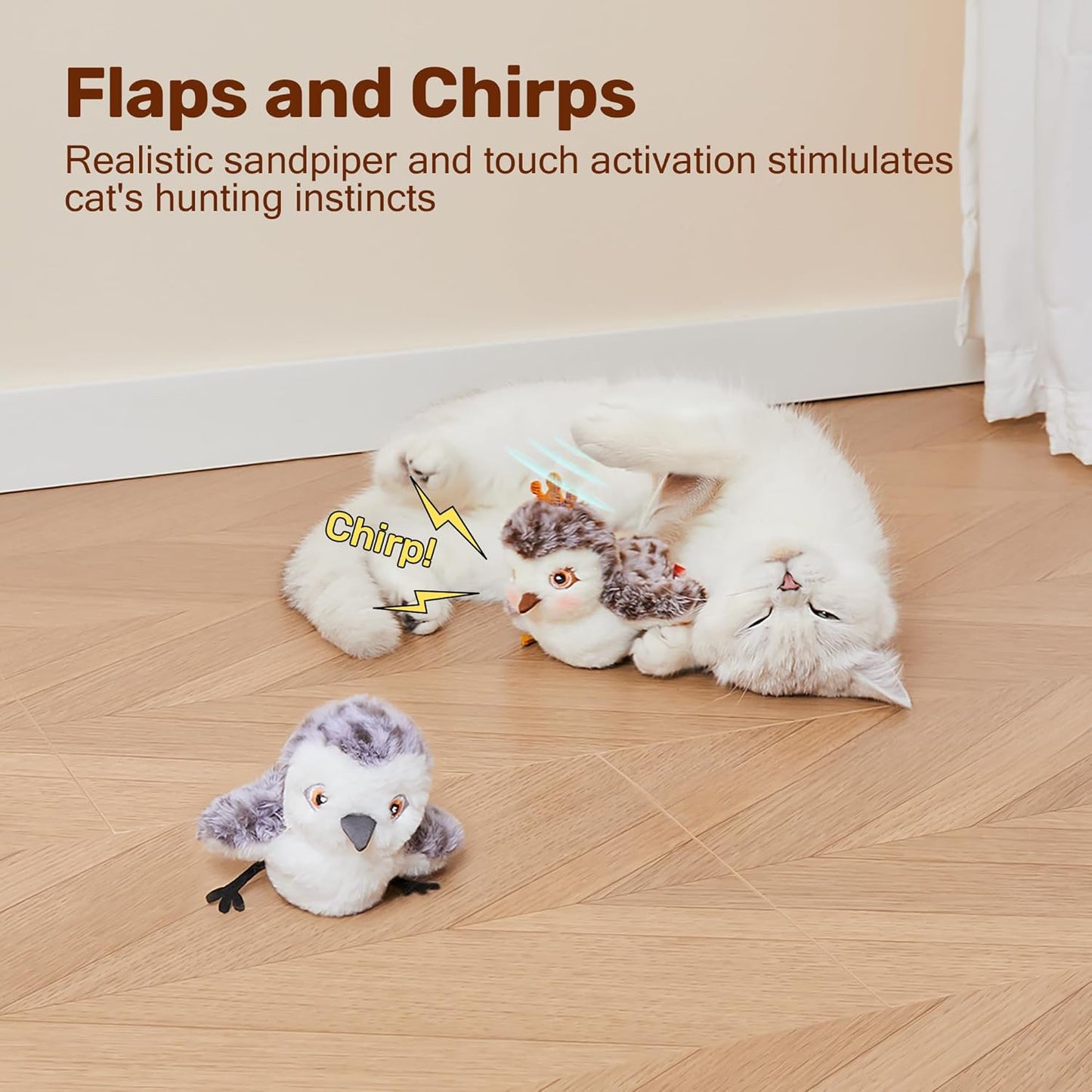 Cat Toys 2 Pcs Flapping Sandpiper Pair-Mate, Lifelike Birds Chirp, Chargeable Touch Activated Kitten Fun Interactive Kitty Exercise with Catnip for All Breeds