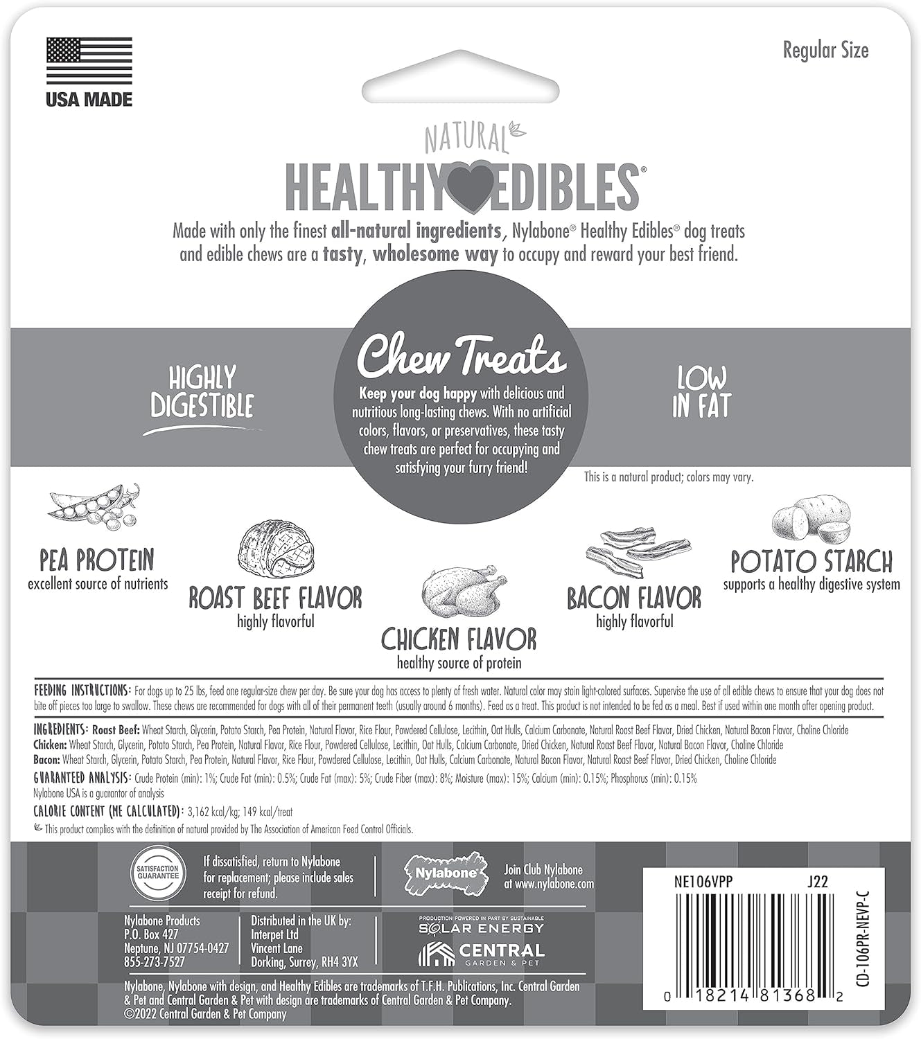 Healthy Edibles Natural Dog Chews Long Lasting Roast Beef, Chicken & Bacon Flavor Treats for Dogs, Small/Regular (3 Count)
