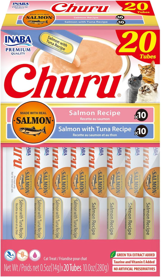 Salmon Churu Cat Treats, Lickable, Squeezable Creamy Purée Cat Treat with Green Tea Extract & Taurine, 0.5 Ounces Each Tube, 20 Tubes, Salmon & Tuna Variety Box