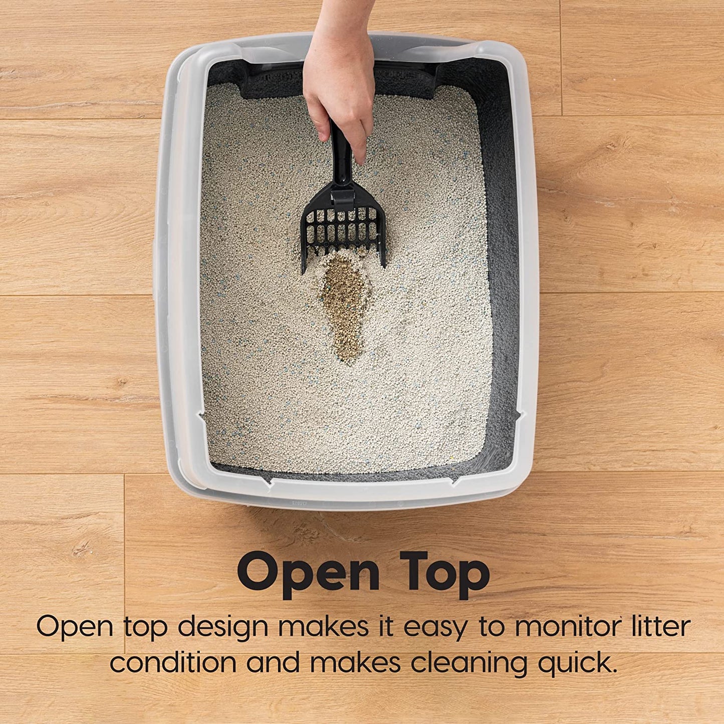 USA Large Open Top Cat Litter Box with High Sides, Scatter Shield & Scoop, Black - Easy Clean Plastic Litter Pan for Indoor Cats, Kittens or Multicat Homes