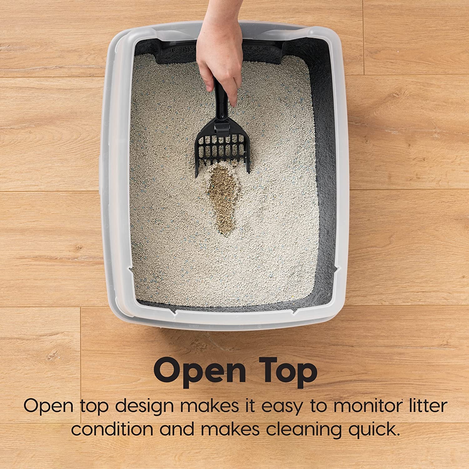 USA Large Open Top Cat Litter Box with High Sides, Scatter Shield & Scoop, Black - Easy Clean Plastic Litter Pan for Indoor Cats, Kittens or Multicat Homes