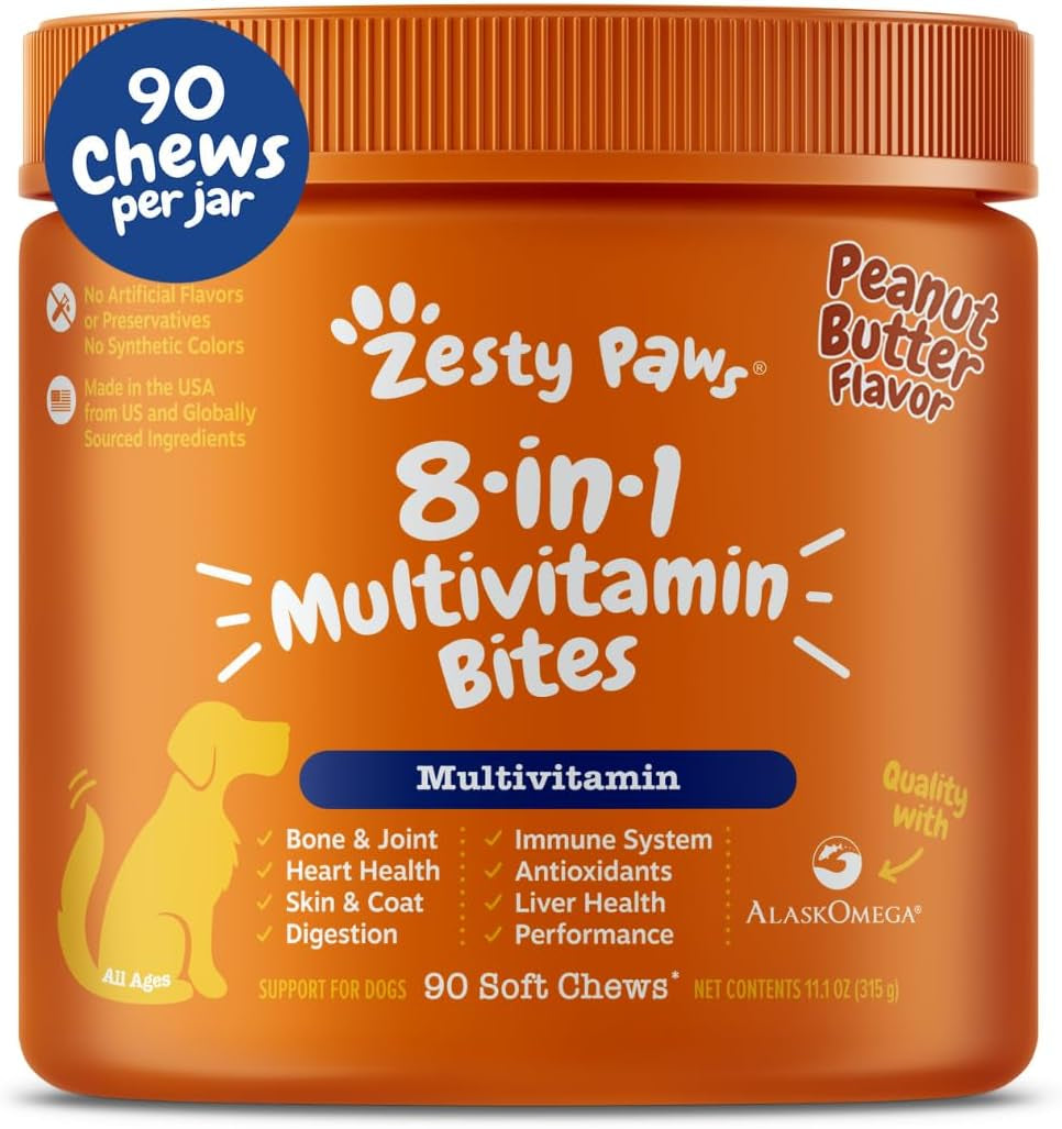 Multivitamin Treats for Dogs, Glucosamine Chondroitin Joint Support + Digestive Enzymes & Probiotics, Grain Free Dog Vitamins and Supplements for Skin & Coat, Peanut Butter - 90Ct