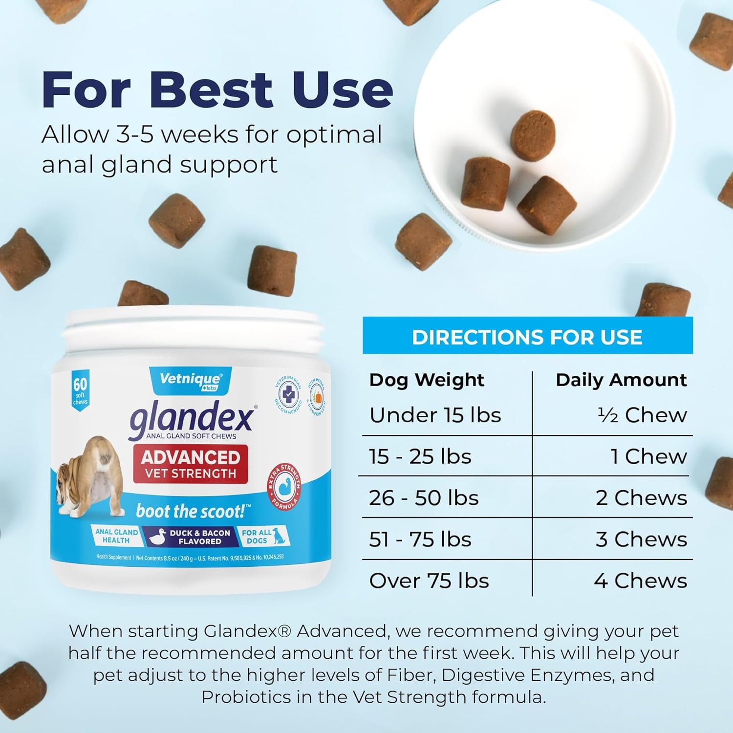 Glandex Anal Gland Soft Chew Treats with Pumpkin for Dogs Digestive Enzymes, Probiotics Fiber Supplement for Dogs Boot the Scoot (Advanced Strength Duck/Bacon Chews (Vegetarian), 60 Ct)