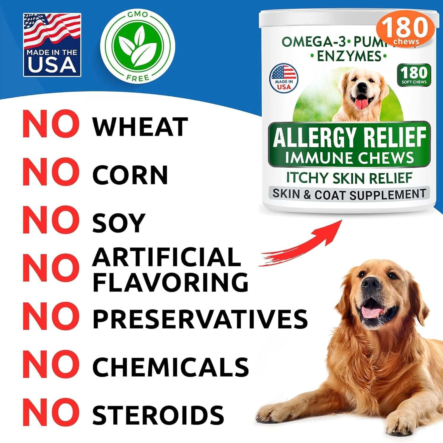 Dog Allergy Relief Chews (180 Immune Treats) - Anti-Itch Skin & Coat Supplement - Omega 3 Fish Oil - Dry & Itchy Skin Relief Treatment Pills - Itching, Paw Licking & Hot Spots