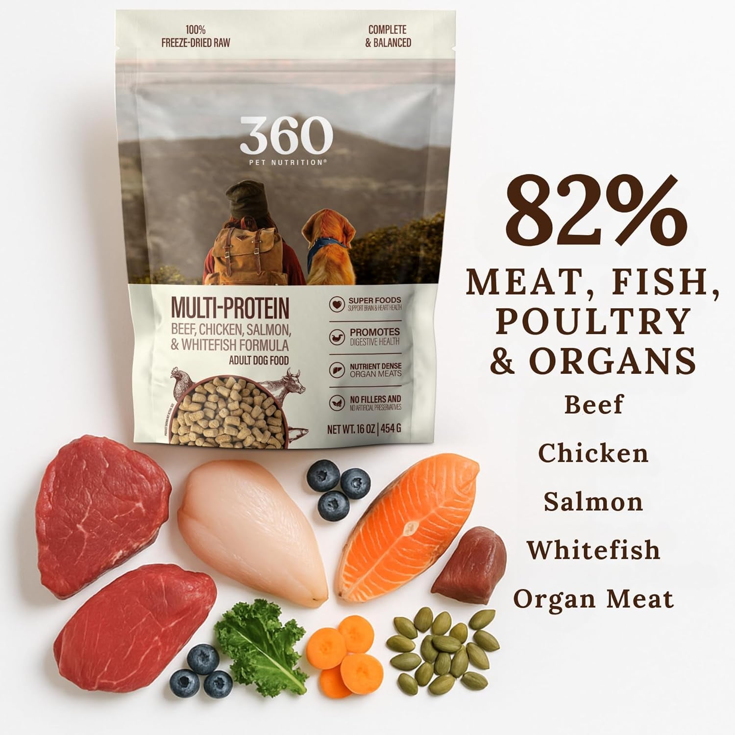 Freeze-Dried Raw Dog Food – Multi-Protein with Beef, Chicken, Fish, Liver & Organs, High Protein, Omega-3S, Fruits, Veggies & Superfoods, Grain-Free, No Fillers, 1 Lb – Made in USA